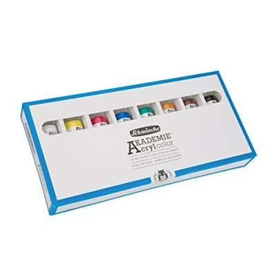 Immagine di Schmincke AKADEMIE® Acrylics, assortimento base 8 tubi da 60 ml, 76 011 097, set di cartone, colori brillanti e altamente resistenti alla luce, senza cadmio, acrilici per artisti fini
