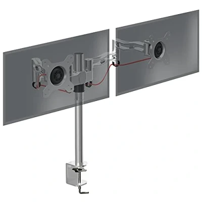 Immagine di Duronic DM352 SR Braccio per 2 monitor da 13 a 27 pollici Supporto schermi doppio Inclinazione e altezza regolabile VESA 75 100 ergonomico articolato PC argento