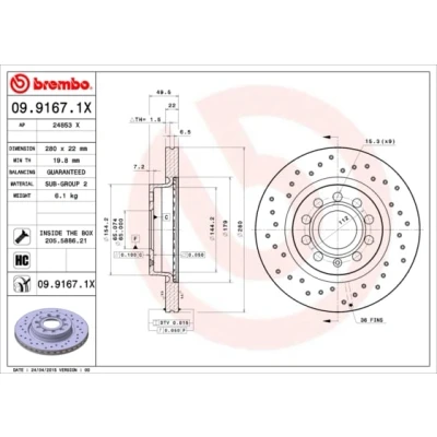 Immagine di BREMBO XTRA LINE 09.9167.1X Disco freno 280 22 5 perforato/ventilazione interna rivestito ad alto tenore di carbonio con bulloni/viti