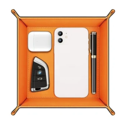 Immagine di SITHON Vassoio Portaoggetti in PU Pelle, Contenitore Svuotatasche Organizzatore da Comodino Scrivania per Gioielli, Telecomando, Chiavi, Telefono, Portafoglio, Monete, Arancione