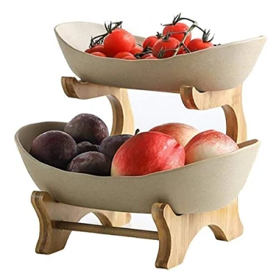 Immagine di JUNYFFF Portafrutta Alzatina A 2 Piani Porta Frutta Fruttiera Ceramica per Frutta, Verdura, Pane, Snack, Piatti di Cesto Dolci,Marrone