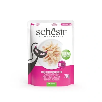 Immagine di Schesir, Filetti di Pollo con Prosciutto in Gelatina, Cibo Umido Complementare per Gatti, Ricetta Originale, 100% Naturale, 12 lattine da 70g