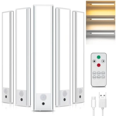 Immagine di Luce Armadio Led con Sensore, 5PCS Sottopensile Cucina Telecomando, Sottopensile, 3000K 6500K Dimmerabile Sensore Movimento per Scale Corridoio Garage Letto
