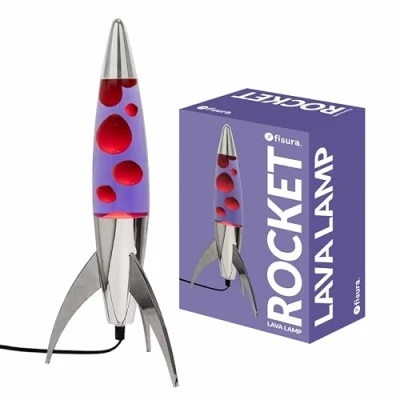 Immagine di Fisura Lampada lava viola “rocket. Base cromata, liquido e rossa. retrò con lampadina di ricambio. 20 cm x 45 cm.