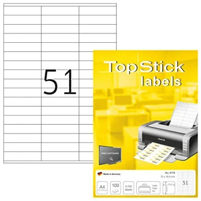 Immagine di TopStick etichette multiuso autoadesive, 51 per foglio A4, 100 fogli, 70 x 16,9 mm, 5100 etichette, adesive universali vuote, stampanti laser e inkjet, bianco