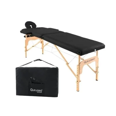 Immagine di QUIRUMED Easy lettino da massaggio pieghevole in legno, colore nero, 186 x 66 cm, massaggio, fisioterapico, similpelle, testa articolata, altezza regolabile, 2 sezioni