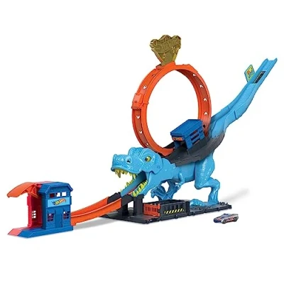 Immagine di Hot Wheels City pista con 1 macchinina, sfreccia attraverso un loop gigante per sconfiggere il mega dinosauro, acrobatica da corsa T Rex, giocattolo bambini 4+ Anni, HNP77