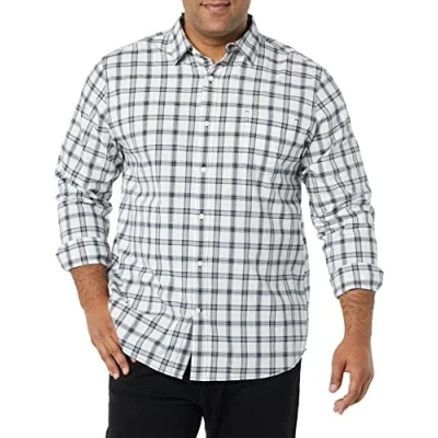 Immagine di Amazon Essentials Camicia in Popeline Elasticizzato A Manica Lunga dalla vestibilità Regolare Uomo, Blu Marino Bianco Motivo Scozzese, XS