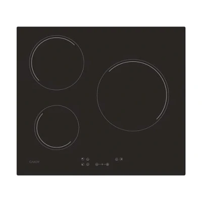 Immagine di Candy CH63CC, piastra in vetroceramica, 3 zone, 60 cm, 10 livelli di potenza, 5,5 W, comandi centrali, blocco sicurezza, indicatore calore, allarme surriscaldamento e perdite, nero