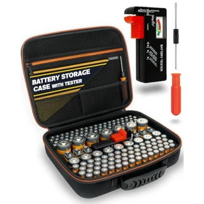 Immagine di AKIELO+ Custodia per Batterie con Tester Universale e Cacciavite Inclusi Organizer Senza Ingombri Contiene Oltre 150 AAA, AA, C, D, 9 V (Non Incluse)