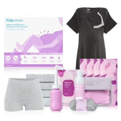 Immagine di Frida Mom Kit per il travaglio, parto e post parto, tutto in uno + elementi essenziali include assorbenti premaman, biberon, calzini mamma, vestaglia da allattamento, mutandine
