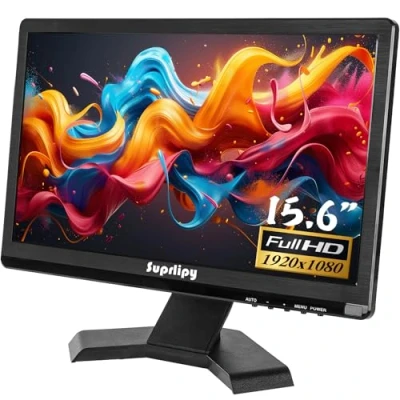 Immagine di Suprlipy 15,6 pollici FHD piccolo monitor IPS schermo LCD 1920x1080 60Hz 16:9 con BNC VGA AV ingresso altoparlanti incorporati per CCTV Security Camera DVR PC RasPi