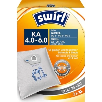 Immagine di Swirl KÄ 4 6 sacchetti per aspirapolvere a umido e secco (3 pezzi, compatibile con Kärcher WD 4, 5, 6, Einhell altri, materiale non tessuto antistrappo, 3 strati)