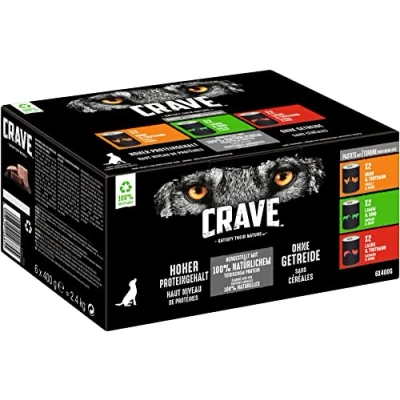 Immagine di Crave Alimento per cani adulti in patè, 6 lattine, x 400 g, cibo bagnato realizzato 3 diverse varietà, con proteine naturali al 100% senza aggiunta di cereali