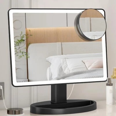 Immagine di Grande specchio da trucco illuminato (modello XL), 3 modalità di illuminazione a colori, luminoso con 88 LED, touch screen girevole 360 e ingrandimento 10x (nero)