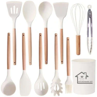 Immagine di set di utensili da cucina, cucina in silicone, 12 pezzi, spatola per antiaderente resistente al calore, bianco