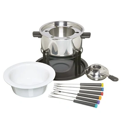 Immagine di KitchenCraft Set per Fonduta 3 in 1 con Forchette Codice Colore di Cioccolato, Carne e Formaggio, Argento