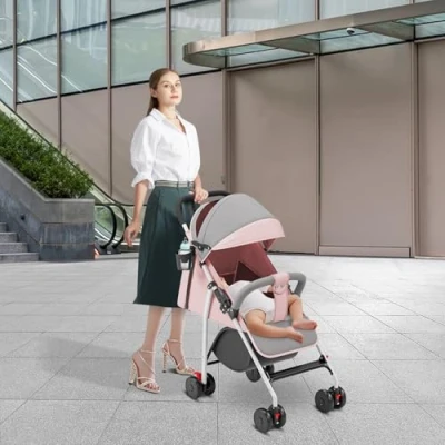 Immagine di passeggino leggero e compatto da 0 mesi a 4 anni, capacità di carico massima 25 kg, pieghevole, schienale reclinabile, pieghevole automatico in 1 passo, canopy C rosa