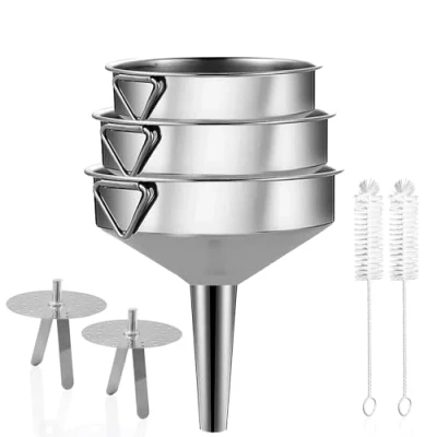 Immagine di Gucass Set di 7 imbuti in acciaio inox, grandi da cucina con manico, per marmellate filtro a setaccio, imbuto trasferire spezie, liquidi, polvere, confetture, 16/18/20 cm
