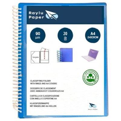 Immagine di Raylu Paper® Raccoglitore ad anelli con buste trasparenti A4 da 90 micron e busta chiusura in velcro, copertina personalizzabile. Cartellina 100% biodegradabili (20 federe, blu)