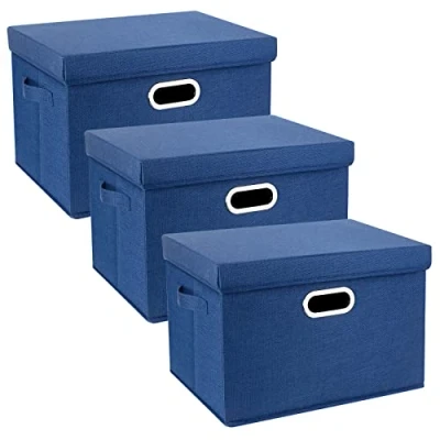 Immagine di TYEERS Grandi Scatole Portaoggetti, in Tessuto, Pieghevole, con Coperchio, 44x30x29 cm, Set di 3, Blu Classico