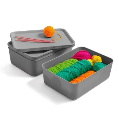 Immagine di Iris Ohyama, Set di 4 Contenitori in Plastica con Coperchio, Impilabili, per Cucina, Bagno, Camera da Letto, Camerino, Ufficio, Organizzazione Solida e Durevole, SNL M