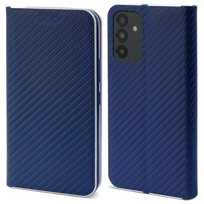 Immagine di Moozy Custodia a Libro per Samsung A54 5G, Carbonio Blu scuro Protezione dei Bordi Metallici Flip Cover Portafoglio con Appoggio e Porta Carte