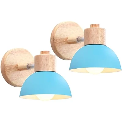 Immagine di iDEGU 2 Pezzi Lampade da Parete Retrò Vintage Applique Interno in Metallo e Legno Moderne Lampada a Muro Orientabile E27 Luce Camera Letto Soggiorno (2 Lampade, Blu)