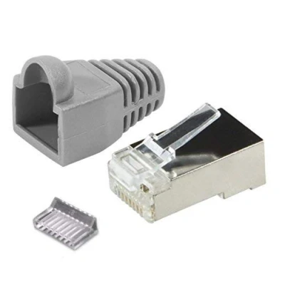 Immagine di odedo Confezione da 20 connettori RJ45 CAT 6 / 5e grigio metallo schermato con supporto filettato e protezione antipiega, spina a crimp Gigabit Ethernet di rete cat6