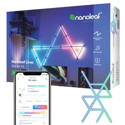 Immagine di Nanoleaf Lines 60 Degrees Starter Kit, 15 Barre Luminose Led RGBW Smart e Modulari Applique da Parete Interno Modulari, Luci 16M Colori WiFi, Funziona con Alexa, Sincronia Musica Monitor