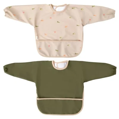 Immagine di MIMUSELINA Confezione da 2 Bavaglini Neonato Impermeabili con Maniche Lunghe Chiusura in Velcro Regolabile, Polsini Elastici e Tasca Frontale Bavaglino BLW Prodotto Spagna