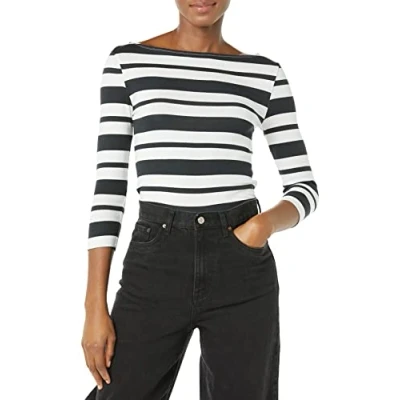 Immagine di Amazon Essentials T Shirt con Scollo a Barchetta in Tinta Unita Manica 3/4 e vestibilità Aderente Donna, Nero Bianco Riga Piazzata, XS