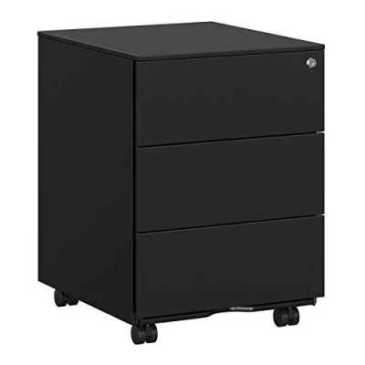 Immagine di SONGMICS Cassettiera da Ufficio Studio Scrivania, Mobiletto con Ruote per Documenti e Cancelleria, 3 Cassetti Serratura, Pre Assemblato, 45,1 x 39 53,8 cm, Nero Inchiostro OFC63BK