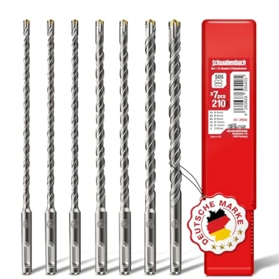 Immagine di SCHWABENBACH ® Set di punte SDS Plus per calcestruzzo, 7 pezzi, 5/6/8/10/12 x 210 mm, pietra compatibili con Bosch, Hilti, Makita, Metabo, trapani a percussione