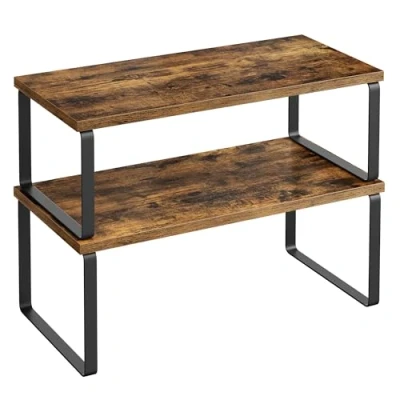 Immagine di SONGMICS Scaffale Portaspezie, Set di 2 Organizzatori da Cucina Espandibili, Impilabile, Metallo e Legno Ingegnerizzato, Nero Inchiostro Marrone Vintage KCS200X01