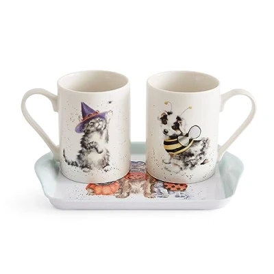 Immagine di Royal Worcester Wrendale Deigns Set tazza e vassoio con gatto cane di Halloween