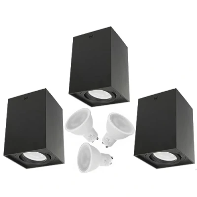 Immagine di Maclean MCE 422 per Lampadine LED GU10 Max.40W Plafone Orientabile Faretto da Soffitto Diversi Colori e Forme IP20 Spot Moderno (Nero, 3x Plafoniera Quadrata+3x Lampad. 5W Bianco neutro)
