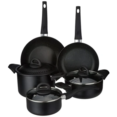 Immagine di Tognana Rock In Black, Batteria di pentole e padelle, Set con 1 padella, saltapasta, 2 casseruole, pastaiola, 3 coperchi trasparenti, 8 Pezzi, Alluminio, Nero