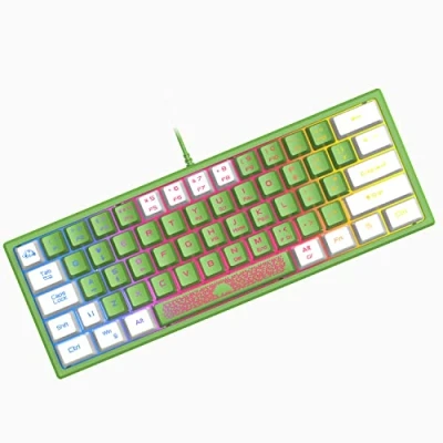 Immagine di Portatile 60% Tastiera da Gioco, Retroilluminata 7 RGB, US Layout QWERTY a Membrana con Sensazione Meccanica Mini Compact 62 Tasti Keycap in Doppio Colore Verde e Bianco per PC Mac