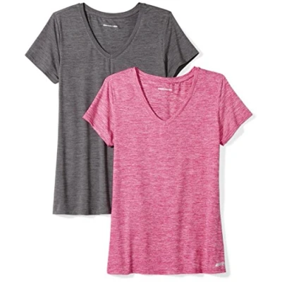 Immagine di Amazon Essentials T Shirt Tech Stretch a Maniche Corte con Scollo V (Disponibile in Taglia Forte) Donna, Pacco da 2, Carbone Puntinato Tintura Policromatica/Rosso Lampone Policromatica, S