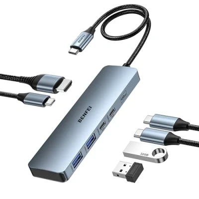 Immagine di BENFEI 6 in 1 HUB USB C con HDMI 4K@60Hz/100W PD alimentazione/2*USB A e 2*USB 10Gbps [cavo silicone custodia alluminio] compatibile iPhone 15 Pro/Max MacBook iPad Pro iMac S23 XPS17