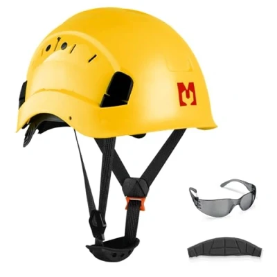 Immagine di Mustbau Casco di Sicurezza, Protettivo EN397 con Occhiali Antiappannamento, Fascia Regolabile da 53 a 63 cm, Materiale ABS Resistente Per Uomini Donne Giallo