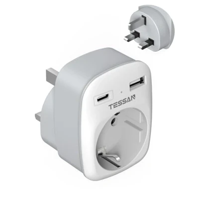 Immagine di TESSAN Adattatore Presa Inglese, UK con 2 USB, 3 in 1 Spina Inglese per Malta Malesia Vietnam Cipro, 3250W, Tipo G