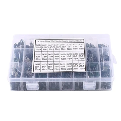 Immagine di 660Pz 24 Valori Condensatori di Pellicola in Poliestere Kit Assortimento da 100V 0,22nF a 470nF con Scatola Plastica
