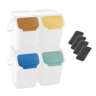 Immagine di Go Practic Set di 4 bidoni e filtri ai carboni biologici, impilabili, con coperchio a clic, sistema raccolta dei rifiuti, cestino della spazzatura coperchio, colori da 25 l, bianco