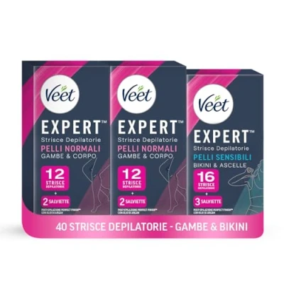 Immagine di Veet Expert Mix Strisce Depilatorie, Ceretta Gambe e Corpo per Pelli Normali (24 Strisce) Ascelle Zona Bikini Sensibili (16 + 7 Salviette Post Epilazione