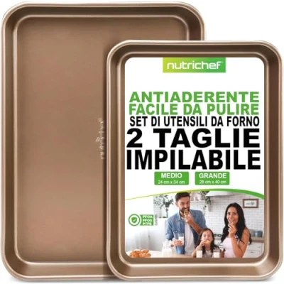 Immagine di NutriChef Set 2 Teglie da Forno Antiaderente, Acciaio al Carbonio Lucido, Bordi Rialzati, Senza PTFE, PFOA e PFOS