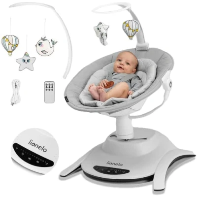 Immagine di LIONELO Bella 360 Sdraietta dondolo per neonato fino a 9 kg Altalena eletrica con 12 melodie programmate, Telecomando, Culla 5 velocità, Blocco, Regolazione dello schienale, Timer, Silenzioso
