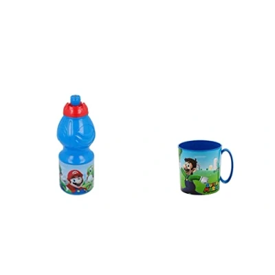 Immagine di ALMACENESADAN 4691, confezione Super Mario, composto da tazza microonde 350 ml e bottiglia d&#039;acqua 400 ml, prodotto riutilizzabile, senza BPA