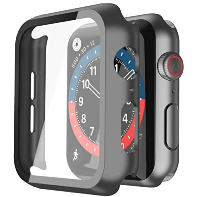 Immagine di Misxi Custodia nera rigida per Apple Watch Series 5 / 4, con protezione schermo in vetro temperato, a 360, ultra sottile, iWatch Serie 4